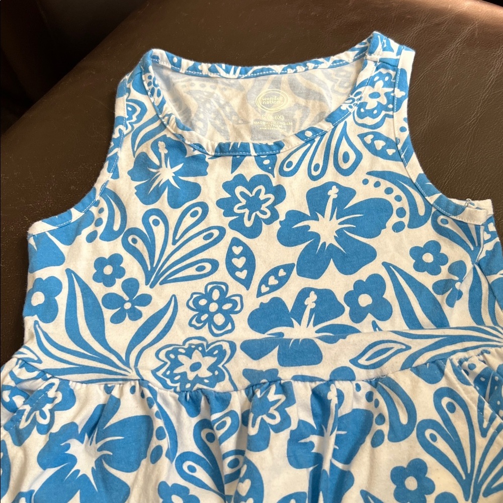 Wonder Nation Blue and White Floral Kids Dress S(6-6X)